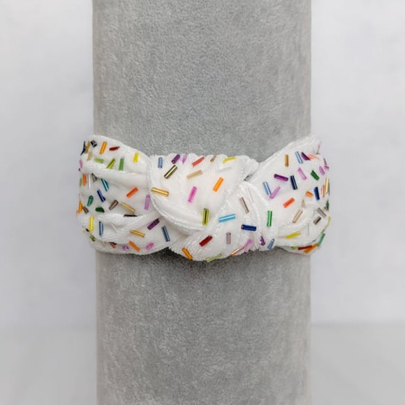 Ivory Confetti Beaded Knot Velvet Headband Rainbow Beads Handmade Knotted Turban main image 6